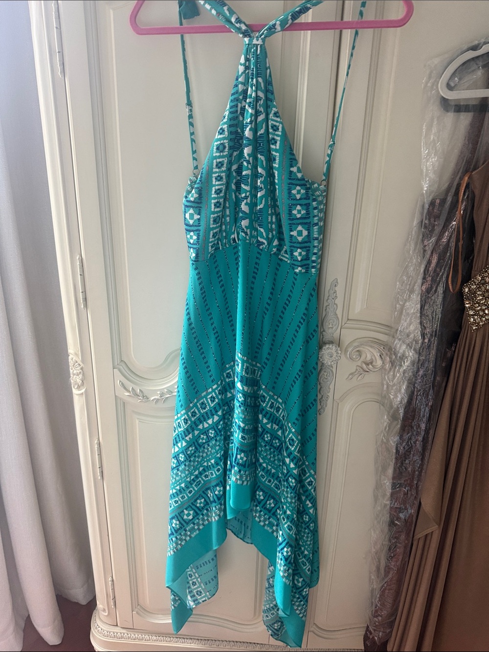 BCBGMaxAzria Teal Halter Printed Handkerchief Midi Dress